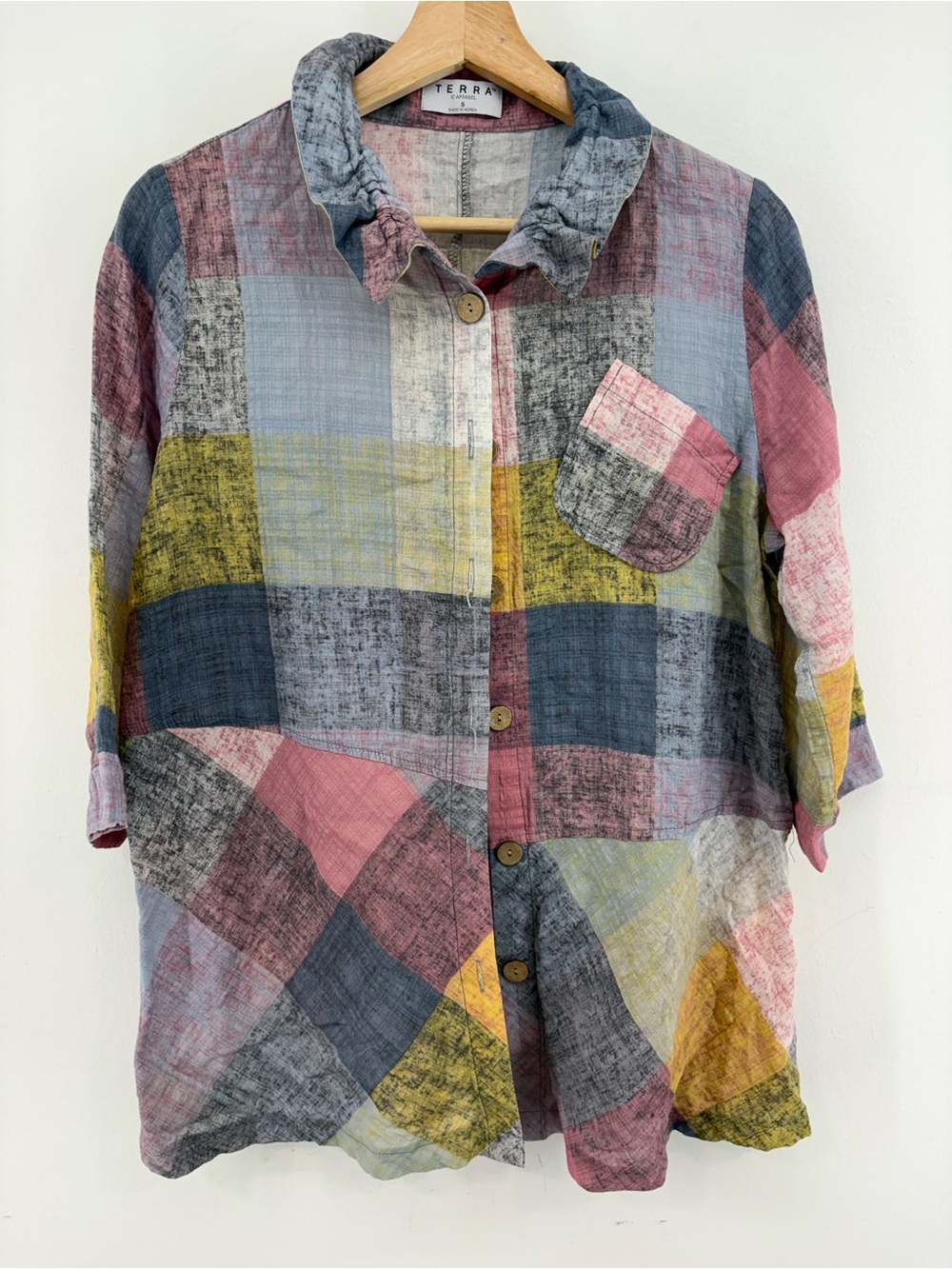 Terra SJ Apparel Patchwork Button-Down Shirt, Art to Wear, Size: Small